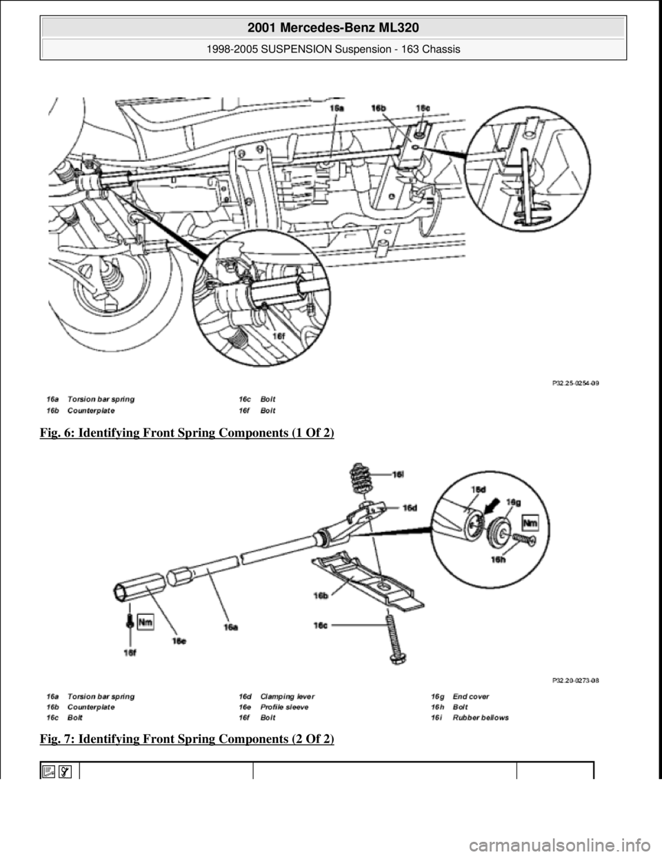 MERCEDES-BENZ ML350 1997  Complete Repair Manual Fig. 6: Identifying Front Sp ring Components (1 Of 2)  
Fig. 7: Identifying Front Sp  ring Components (2 Of 2)
 
   
 
2001 Mercedes-Benz ML320 
1998-2005 SUSPENSION Sus pension - 163 Chassis  
me  
S