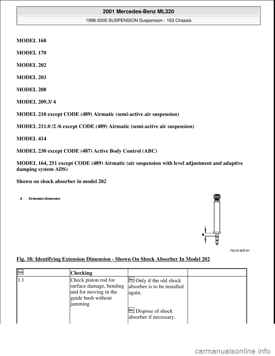 MERCEDES-BENZ ML350 1997 Complete Repair Manual MODEL 168
MODEL 170
MODEL 202
MODEL 203
MODEL 208
MODEL 209.3/ 4
MODEL 210 except CODE (489) Airmatic (semi-active air suspension)
MODEL 211.0 /2 /6 except CODE (489) Airmatic (semi-acti MERCEDES-BENZ ML350 1997 Complete Repair Manual MODEL 168
MODEL 170
MODEL 202
MODEL 203
MODEL 208
MODEL 209.3/ 4
MODEL 210 except CODE (489) Airmatic (semi-active air suspension)
MODEL 211.0 /2 /6 except CODE (489) Airmatic (semi-acti