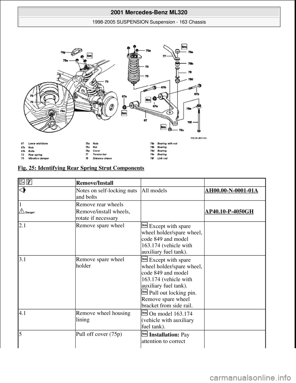 MERCEDES-BENZ ML350 1997  Complete Repair Manual Fig. 25: Identifying Rear Spring Strut Components 
  Remove/Install   
 Notes on self-locking nuts 
and boltsAll modelsAH00.00-N-0001-01A 
1Remove rear wheels  
 Remove/install wheels, 
rotate if nece