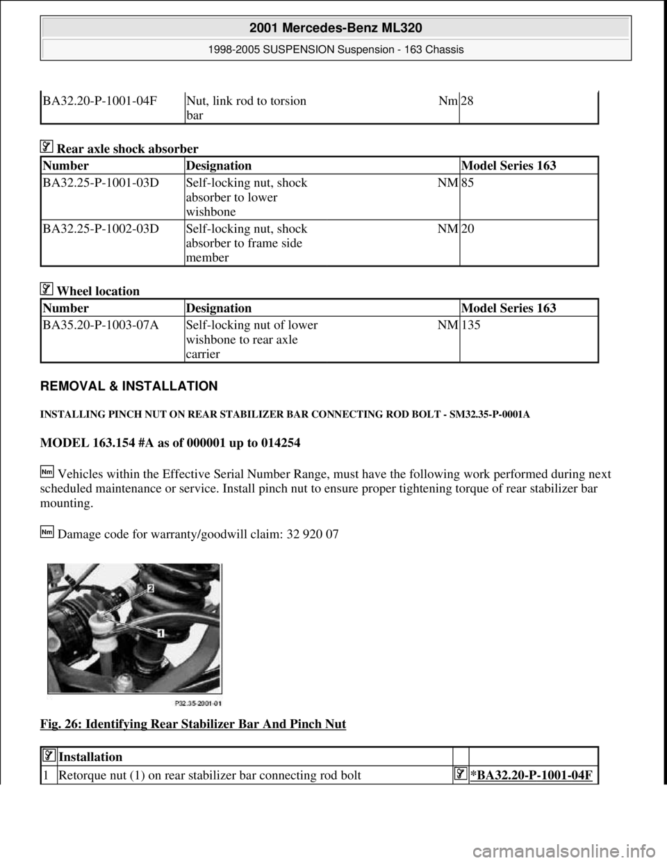 MERCEDES-BENZ ML350 1997  Complete Repair Manual  Rear axle shock absorber 
 Wheel location 
REMOVAL & INSTALLATION 
INSTALLING PINCH NUT ON REAR STABILIZER BAR CONNECTING ROD BOLT - SM32.35-P-0001A 
MODEL 163.154 #A as of 000001 up to 014254  
 Veh