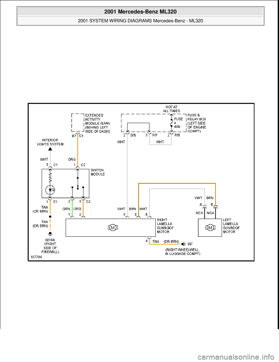 MERCEDES-BENZ ML350 1997  Complete Repair Manual  
2001 Mercedes-Benz ML320 
2001 SYSTEM WIRING DIAGRAMS  Mercedes-Benz - ML320  
me  
Saturday, October 02, 2010 3:28:00 PMPage 96 © 2006 Mitchell Repair Information Company, LLC.  