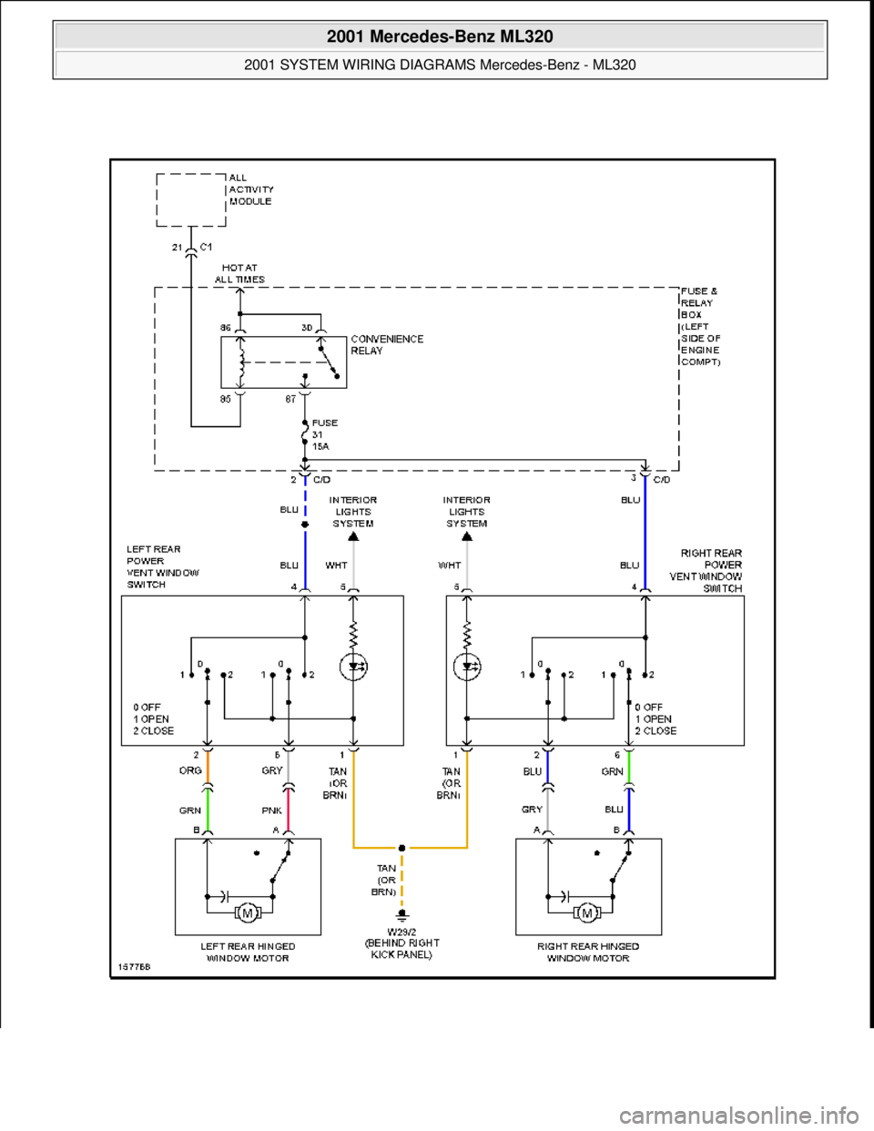 MERCEDES-BENZ ML350 1997  Complete Repair Manual  
2001 Mercedes-Benz ML320 
2001 SYSTEM WIRING DIAGRAMS  Mercedes-Benz - ML320  
me  
Saturday, October 02, 2010 3:28:00 PMPage 102 © 2006 Mitchell Repair Information Company, LLC.  