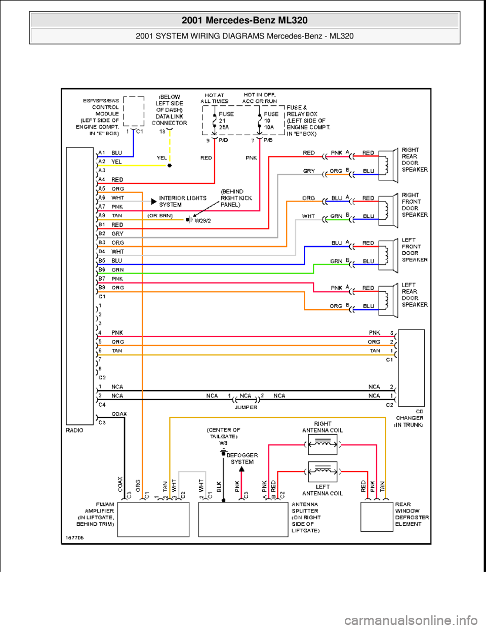 MERCEDES-BENZ ML350 1997  Complete Repair Manual  
2001 Mercedes-Benz ML320 
2001 SYSTEM WIRING DIAGRAMS  Mercedes-Benz - ML320  
me  
Saturday, October 02, 2010 3:28:00 PMPage 106 © 2006 Mitchell Repair Information Company, LLC.  