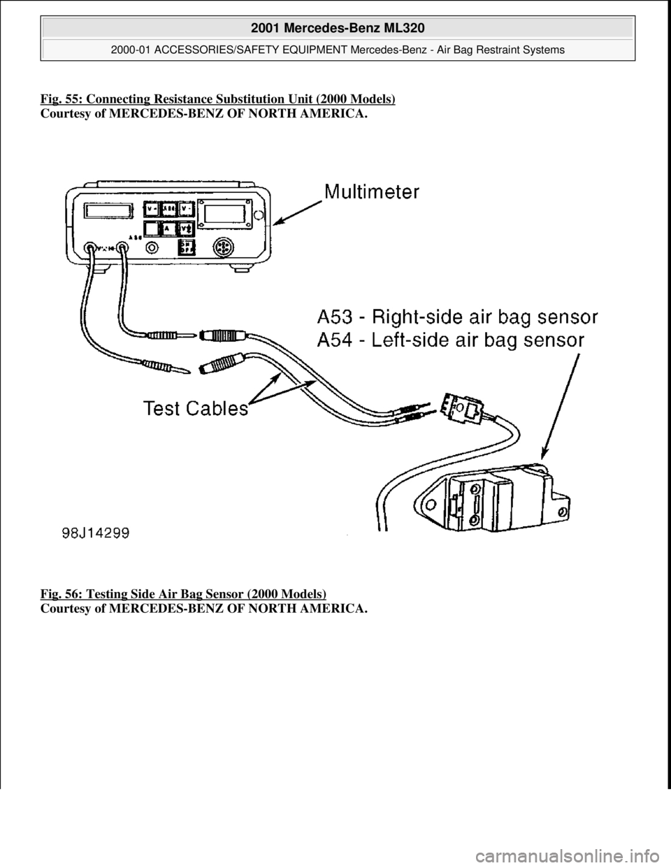 MERCEDES-BENZ ML350 1997  Complete Repair Manual Fig. 55: Connecting Resistance Substituti on Unit (2000 Models)
Courtesy of MERCEDES-BENZ OF NORTH AMERICA.   
Fig. 56: Testing Side Air   Bag Sensor (2000 Models)
  
Courtesy of MERCEDES-BENZ OF NORT