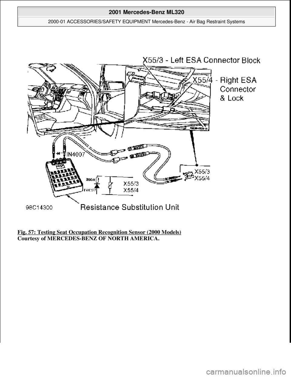 MERCEDES-BENZ ML350 1997  Complete Repair Manual Fig. 57: Testing Seat Occupation  Recognition Sensor (2000 Models)  
Courtesy of MERCEDES-BENZ OF NORTH AMERICA.
 
2001 Mercedes-Benz ML320 
2000-01 ACCESSORIES/SAFETY EQUIPMENT Merc  edes-Benz - Air 
