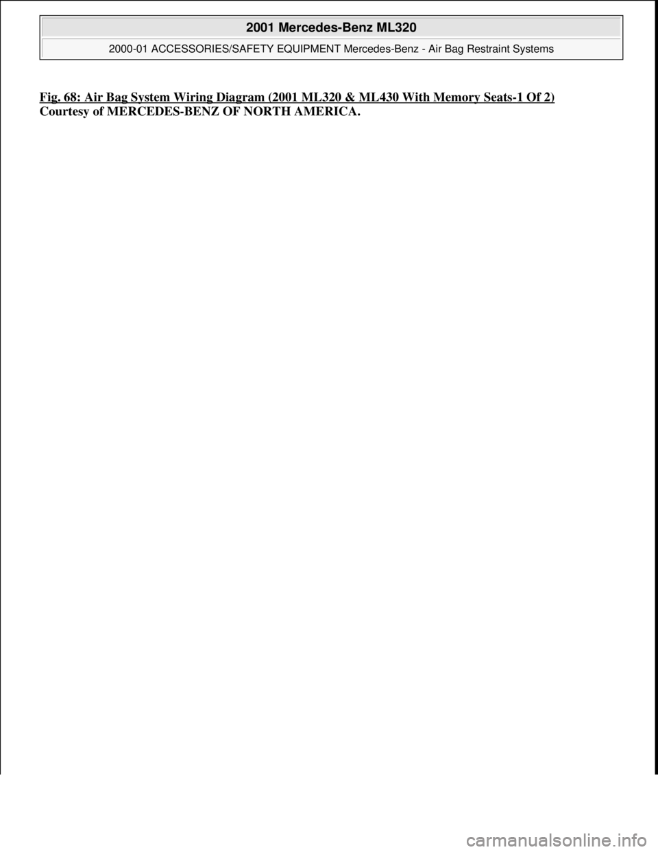 MERCEDES-BENZ ML350 1997  Complete Repair Manual Fig. 68: Air Bag System Wiring Diagram (2001 ML320 & ML430 With Memory Seats-1 Of 2)
Courtesy of MERCEDES-BENZ OF NORTH AMERICA.
 
2001 Mercedes-Benz ML320 
2000-01 ACCESSORIES/SAFETY EQUIPMENT Merc e