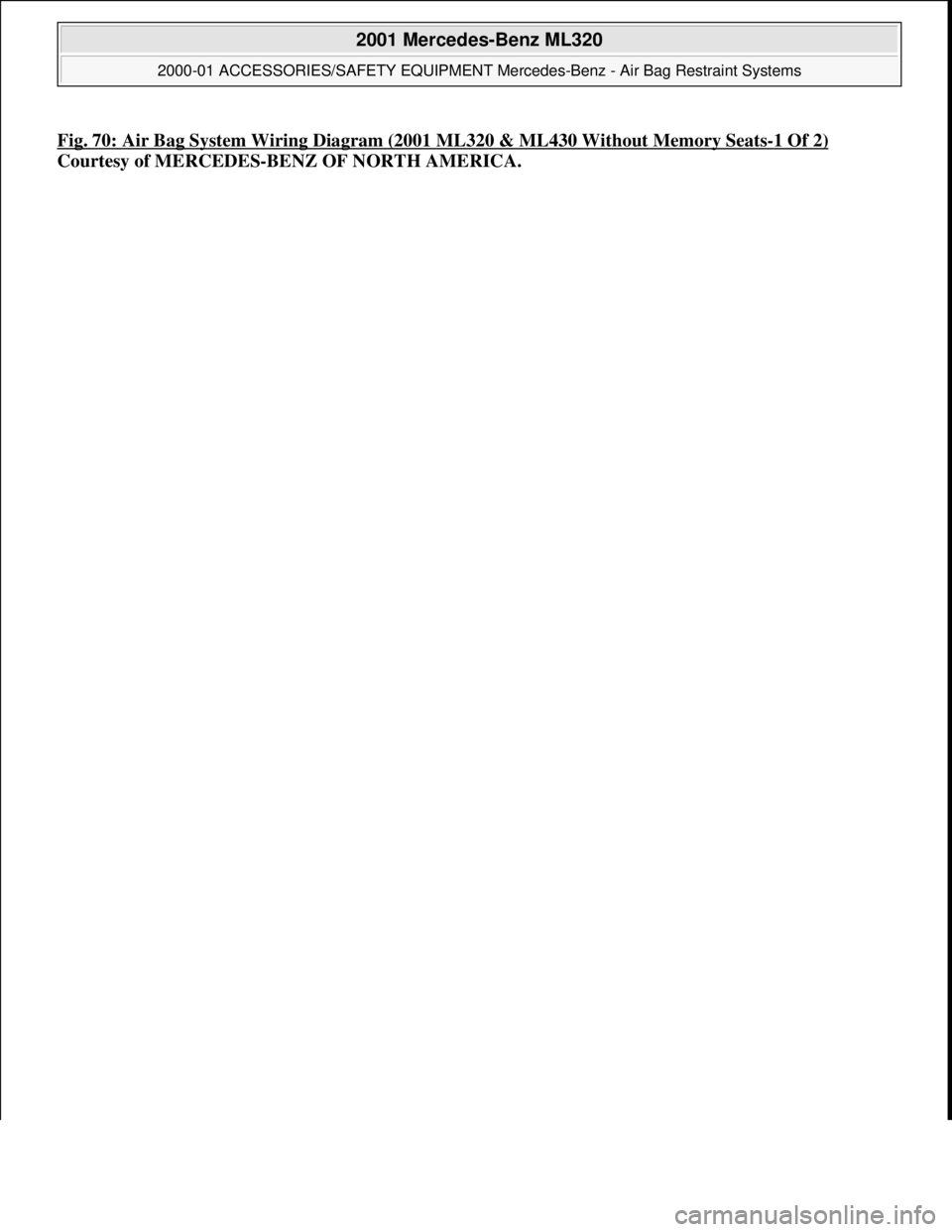 MERCEDES-BENZ ML350 1997  Complete Repair Manual Fig. 70: Air Bag System Wiring Diagram (2001 ML320 & ML430 Without Memory Seats-1 Of 2)
Courtesy of MERCEDES-BENZ OF NORTH AMERICA.
 
2001 Mercedes-Benz ML320 
2000-01 ACCESSORIES/SAFETY EQUIPMENT Mer