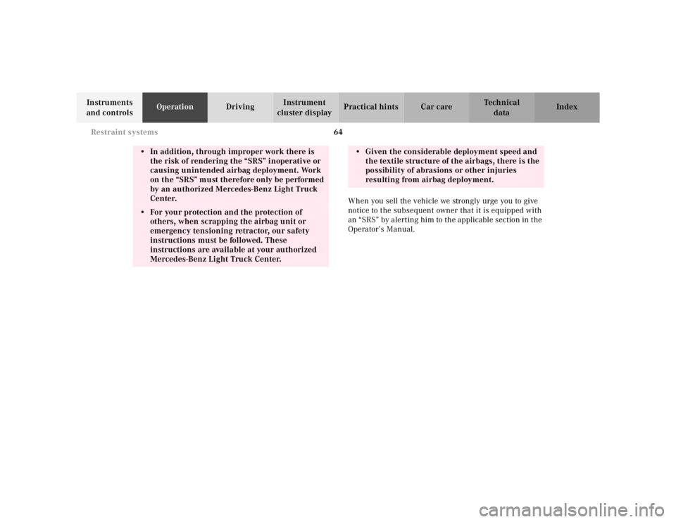 MERCEDES-BENZ ML350 1997  Complete Repair Manual 64 
Restraint systems
Te ch n ica l 
data 
Instruments  
and controls  Operation 
Driving Instrument  
cluster display  Practical hints Car care Index 
When you sell the vehicle we strongly urge you t