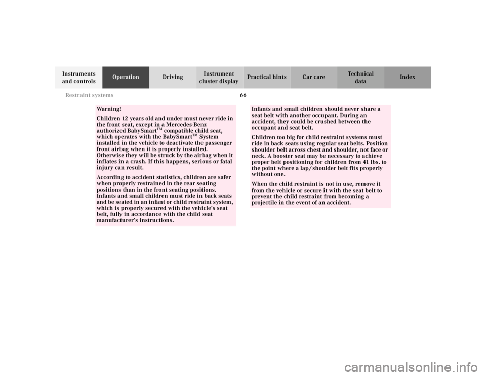 MERCEDES-BENZ ML350 1997  Complete Service Manual 66 
Restraint systems
Te ch n ica l 
data 
Instruments  
and controls  Operation 
Driving Instrument  
cluster display  Practical hints Car care Index
Wa r n i n g ! 
Children 12 years old and under m MERCEDES-BENZ ML350 1997  Complete Service Manual 66 
Restraint systems
Te ch n ica l 
data 
Instruments  
and controls  Operation 
Driving Instrument  
cluster display  Practical hints Car care Index
Wa r n i n g ! 
Children 12 years old and under m