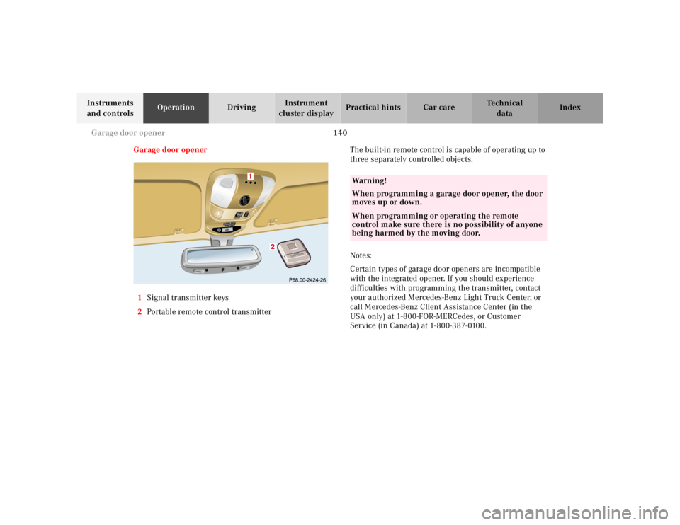 MERCEDES-BENZ ML350 1997  Complete Repair Manual 140 
Garage door opener
Te ch n ica l 
data 
Instruments  
and controls  Operation 
Driving Instrument  
cluster display  Practical hints Car care Index 
Garage door opener 
1  Signal transmitter keys