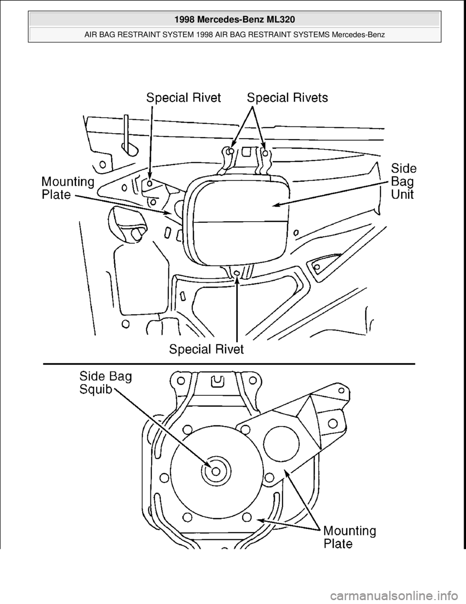 MERCEDES-BENZ ML350 1997  Complete Repair Manual  
1998 Mercedes-Benz ML320 
AIR BAG RESTRAINT SYSTEM 1998 AIR BAG RESTRAINT SYSTEMS Mercedes-Benz  
me  
Saturday, October 02, 2010 3:33:13 PMPage 8 © 2006 Mitchell Repair Information Company, LLC.  