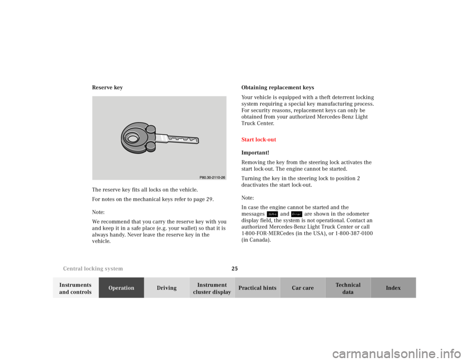 MERCEDES-BENZ ML350 1997  Complete Manual PDF 25 Central locking system
Te ch n ica l
data Instruments 
and controlsOperationDrivingInstrument 
cluster displayPractical hints Car care Index Reserve key
The reserve key fits all locks on the vehicl