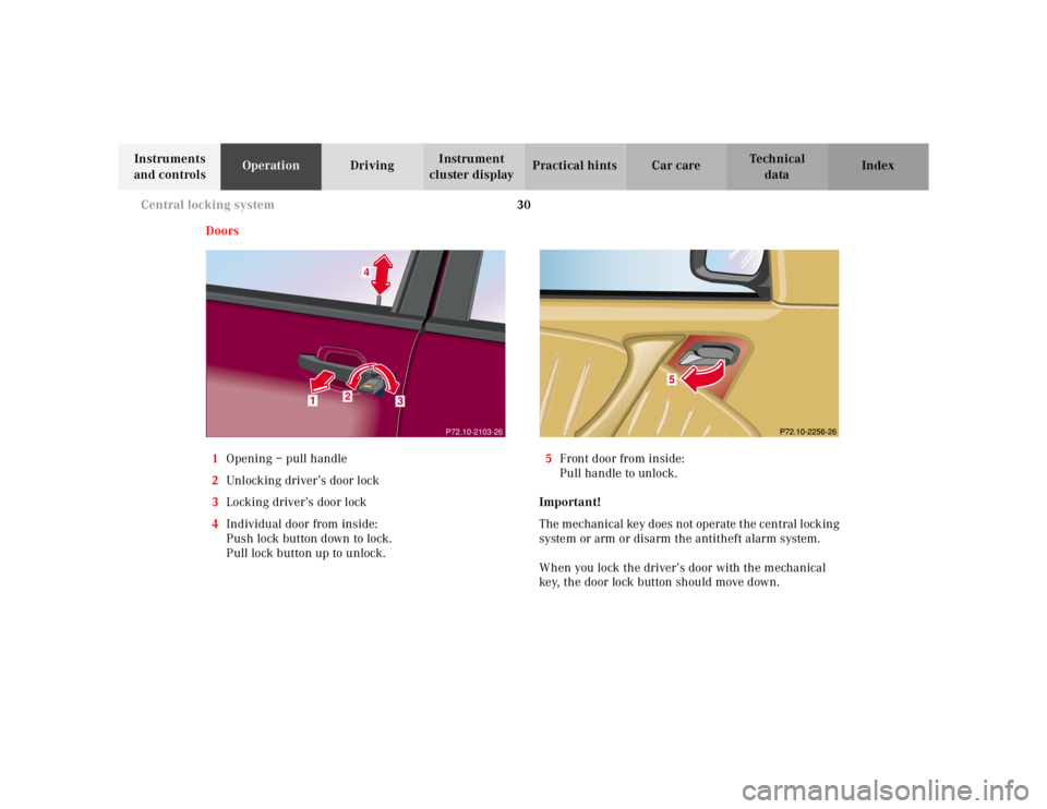 MERCEDES-BENZ ML350 1997  Complete Manual PDF 30 Central locking system
Te ch n ica l
data Instruments 
and controlsOperationDrivingInstrument 
cluster displayPractical hints Car care Index
Doors
1Opening – pull handle
2Unlocking driver’s doo