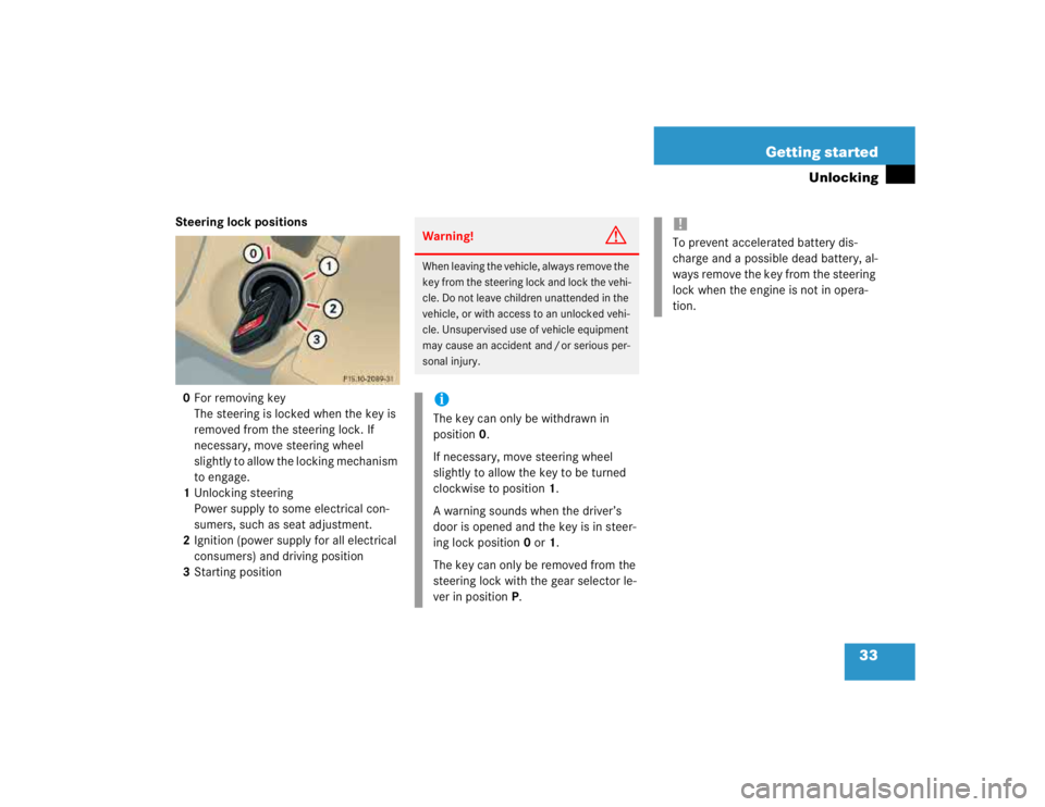 MERCEDES-BENZ ML350 1997  Complete Repair Manual 33 Getting started
Unlocking
Steering lock positions
0For removing key
The steering is locked when the key is 
removed from the steering lock. If 
necessary, move steering wheel 
slightly to allow the
