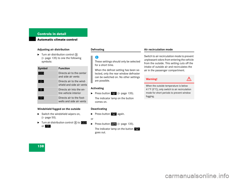 MERCEDES-BENZ ML350 1997  Complete Repair Manual 138 Controls in detailAutomatic climate controlAdjusting air distribution
Turn air distribution control8 
(page 135) to one the following 
symbols:
Windshield fogged on the outside

Switch the wind