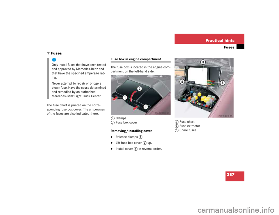 MERCEDES-BENZ ML430 1997  Complete Repair Manual 287 Practical hintsFuses
Fuses
The fuse chart is printed on the corre-
sponding fuse box cover. The amperages 
of the fuses are also indicated there.
Fuse box in engine compartment
The fuse box is lo