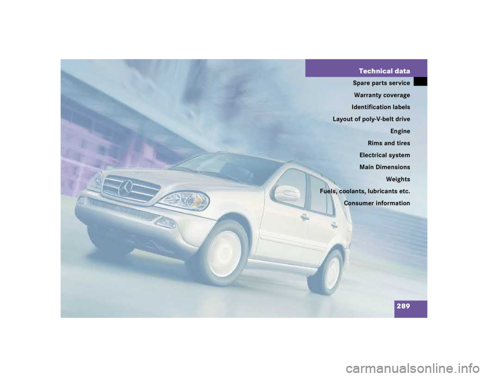 MERCEDES-BENZ ML430 1997  Complete Repair Manual 289 Technical data
Spare parts service
Warranty coverage
Identification labels
Layout of poly-V-belt drive
Engine
Rims and tires
Electrical system
Main Dimensions
Weights
Fuels, coolants, lubricants e
