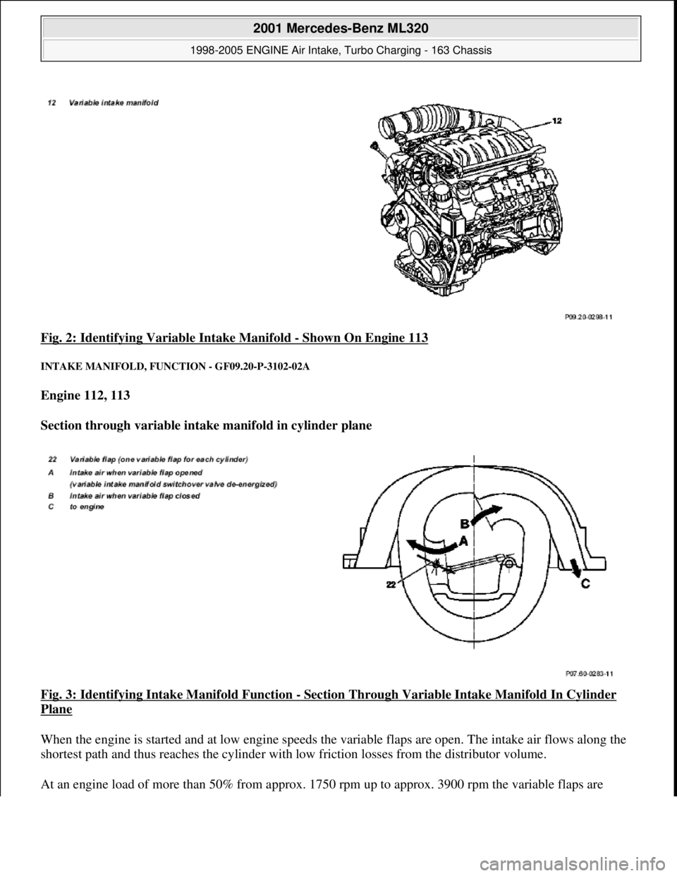 MERCEDES-BENZ ML430 1997 Complete Repair Manual Fig. 2: Identifying Variable Intake Manifold - Shown On Engine 113
INTAKE MANIFOLD, FUNC TION - GF09.20-P-3102-02A
Engine 112, 113
Section through variable intake manifold in cylinder plane
MERCEDES-BENZ ML430 1997 Complete Repair Manual Fig. 2: Identifying Variable Intake Manifold - Shown On Engine 113
INTAKE MANIFOLD, FUNC TION - GF09.20-P-3102-02A
Engine 112, 113
Section through variable intake manifold in cylinder plane