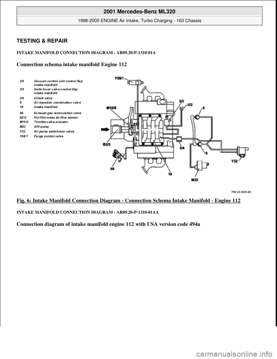 MERCEDES-BENZ ML430 1997 Complete Repair Manual TESTING & REPAIR
INTAKE MANIFOLD CONNECTION DIAGRAM - AR09.20-P-1310-01A
Connection schema intake manifold Engine 112
Fig. 6: Intake Manifold Connection Diagram
- Connection Schema Intake Manifol MERCEDES-BENZ ML430 1997 Complete Repair Manual TESTING & REPAIR
INTAKE MANIFOLD CONNECTION DIAGRAM - AR09.20-P-1310-01A
Connection schema intake manifold Engine 112
Fig. 6: Intake Manifold Connection Diagram
- Connection Schema Intake Manifol
