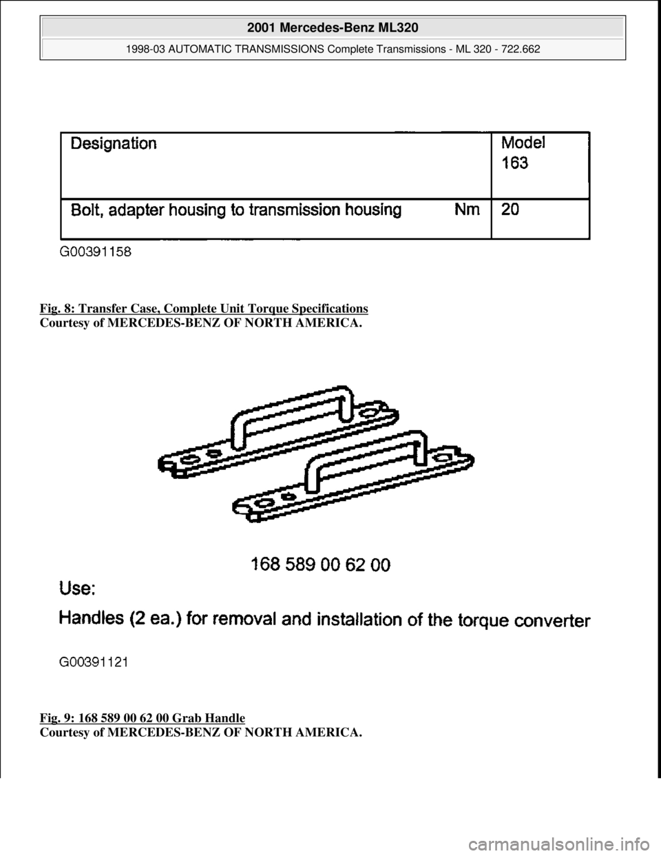 MERCEDES-BENZ ML430 1997  Complete Repair Manual Fig. 8: Transfer Case, Complete Unit Torque Specifications 
Courtesy of MERCEDES-BENZ OF NORTH AMERICA. 
Fig. 9: 168 589 00 62 00 Grab Handle
 
Courtesy of MERCEDES-BENZ OF NORTH AMERICA.
 
2001 Merce