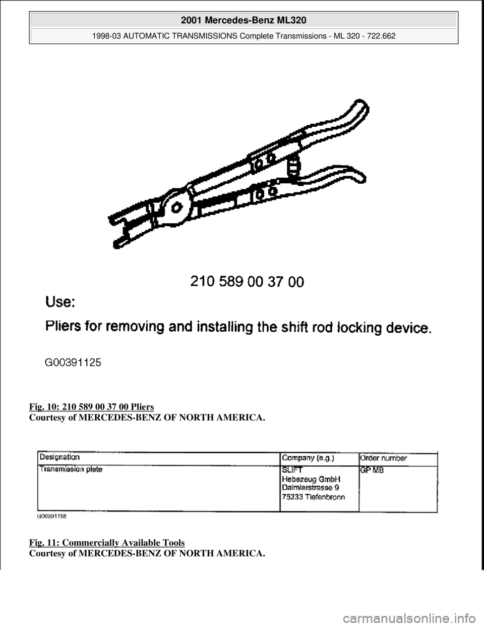 MERCEDES-BENZ ML430 1997  Complete Repair Manual Fig. 10: 210 589 00 37 00 Pliers 
Courtesy of MERCEDES-BENZ OF NORTH AMERICA. 
Fig. 11: Commercially Available Tools
 
Courtesy of MERCEDES-BENZ OF NORTH AMERICA.
 
2001 Mercedes-Benz ML320 
1998-03 A