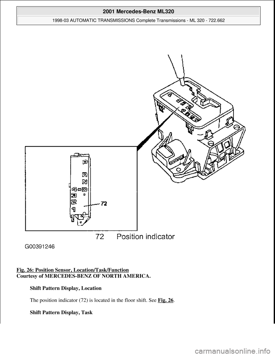 MERCEDES-BENZ ML430 1997  Complete Repair Manual Fig. 26: Position Sensor, Location/Task/Function 
Courtesy of MERCEDES-BENZ OF NORTH AMERICA. 
Shift Pattern Display, Location 
 
The position indicator (72) is located in the floor shift. See Fig. 26