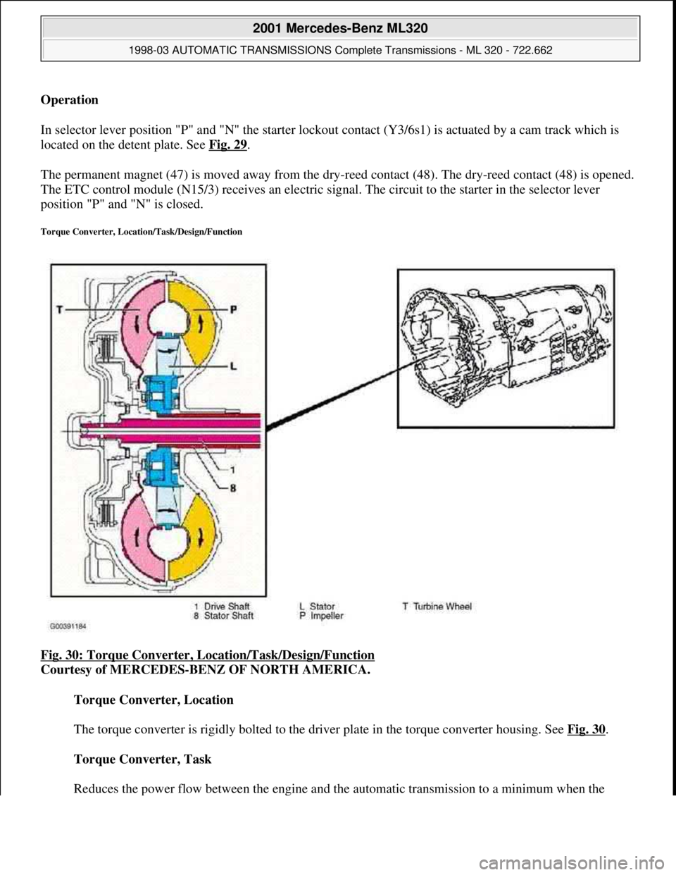 MERCEDES-BENZ ML430 1997  Complete Repair Manual Operation  
In selector lever position "P" and "N" the starter lockout contact (Y3/6s1) is actuated by a cam track which is 
located on the detent plate. See Fig. 29
. 
The permanent magnet (47) is mo