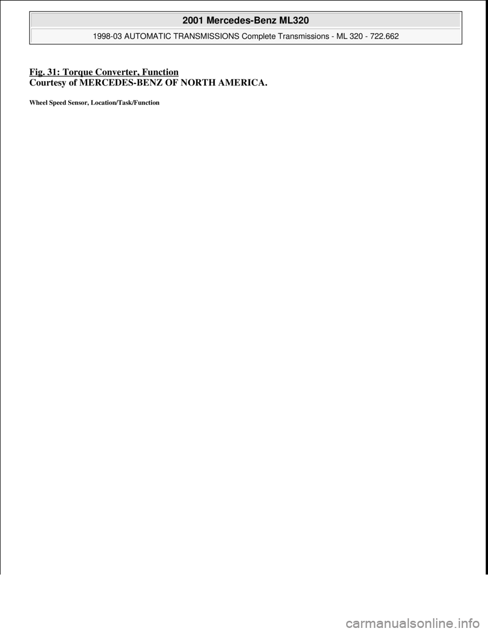 MERCEDES-BENZ ML430 1997  Complete Repair Manual Fig. 31: Torque Converter, Function 
Courtesy of MERCEDES-BENZ OF NORTH AMERICA. 
Wheel Speed Sensor, Location/Task/Function 
 
2001 Mercedes-Benz ML320 
1998-03 AUTOMATIC TRANSMISSIONS Complete Trans