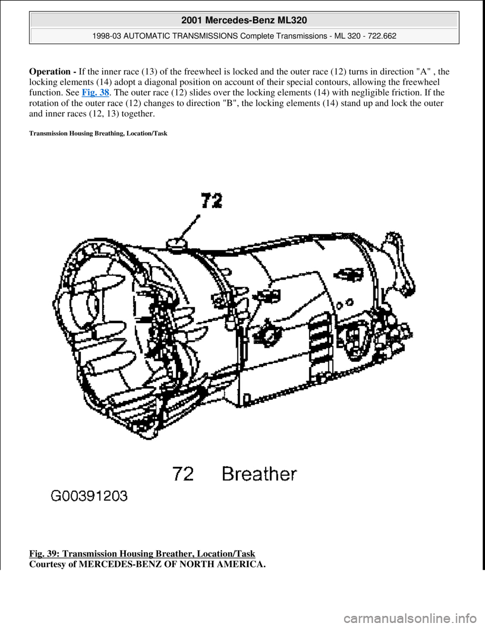 MERCEDES-BENZ ML430 1997  Complete Repair Manual Operation - If the inner race (13) of the freewheel is locked and the outer race (12) turns in direction "A" , the 
locking elements (14) adopt a diagonal position on account of their special contours