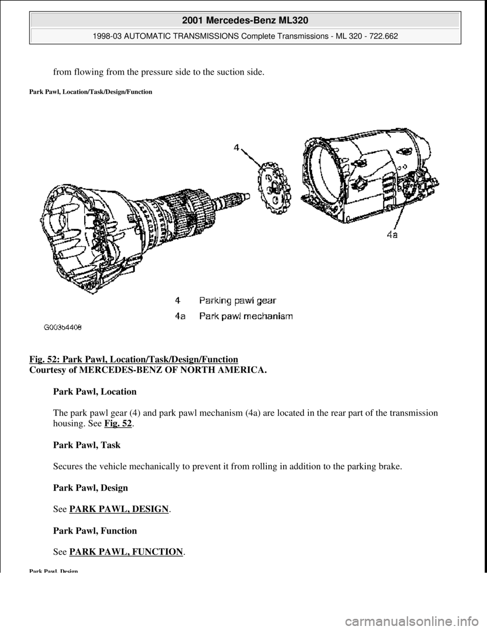 MERCEDES-BENZ ML430 1997  Complete Repair Manual from flowing from the pressure side to the suction side. 
Park Pawl, Location/Task/Design/Function 
Fig. 52: Park Pawl, Location/Task/Design/Function  
Courtesy of MERCEDES-BENZ OF NORTH AMERICA.    
