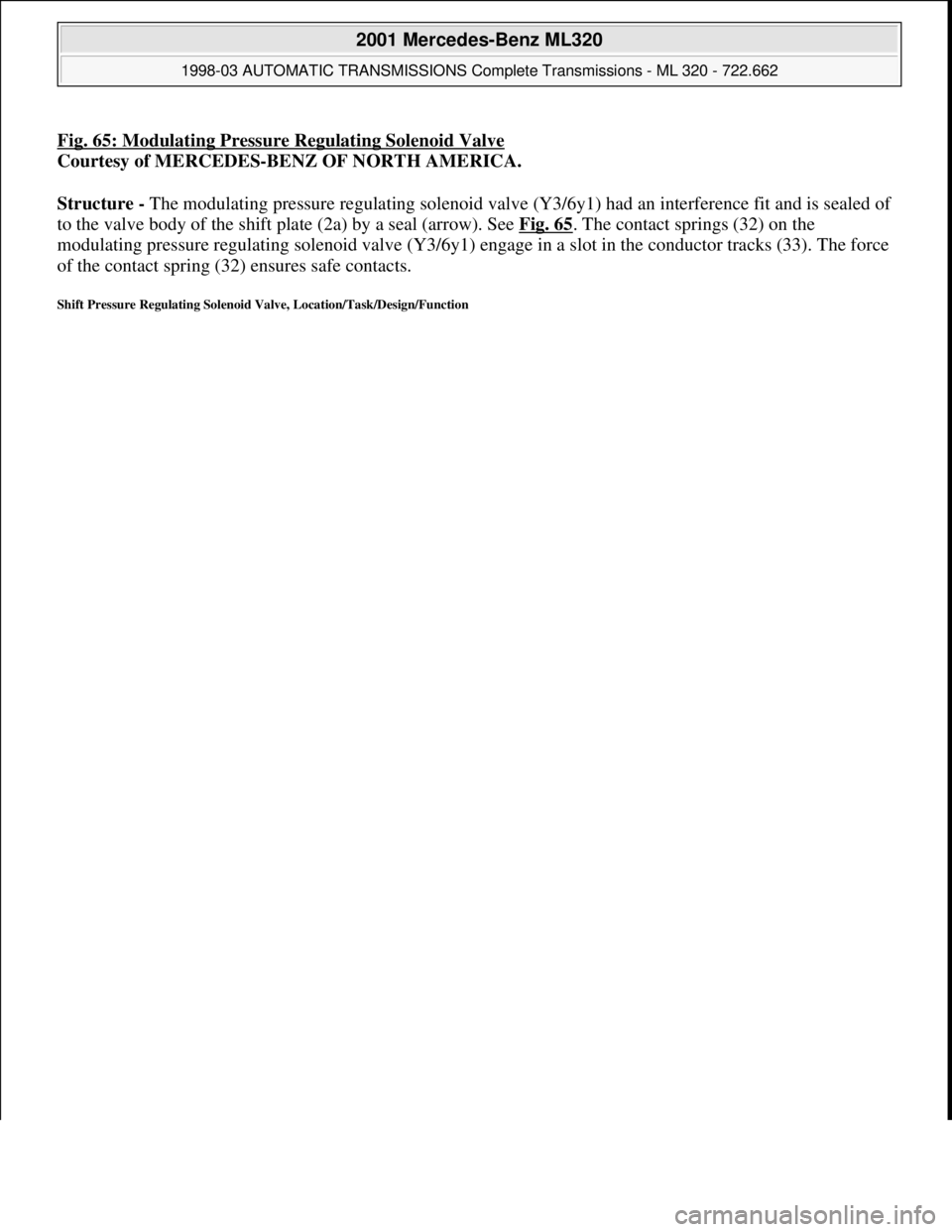 MERCEDES-BENZ ML430 1997  Complete Repair Manual Fig. 65: Modulating Pressure Regulating Solenoid Valve
Courtesy of MERCEDES-BENZ OF NORTH AMERICA. 
Structure - The modulating pressure regulating solenoid valve (Y3/6y1) had an interference fit and i