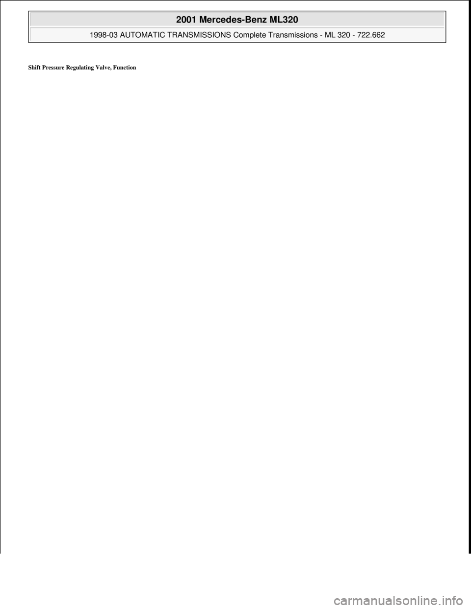 MERCEDES-BENZ ML430 1997  Complete Repair Manual Shift Pressure Regulating Valve, Function 
 
2001 Mercedes-Benz ML320 
1998-03 AUTOMATIC TRANSMISSIONS Complete Transmissions - ML 320 - 722.662  
me  
Saturday, October 02, 2010 3:15:27 PMPage 123 ©