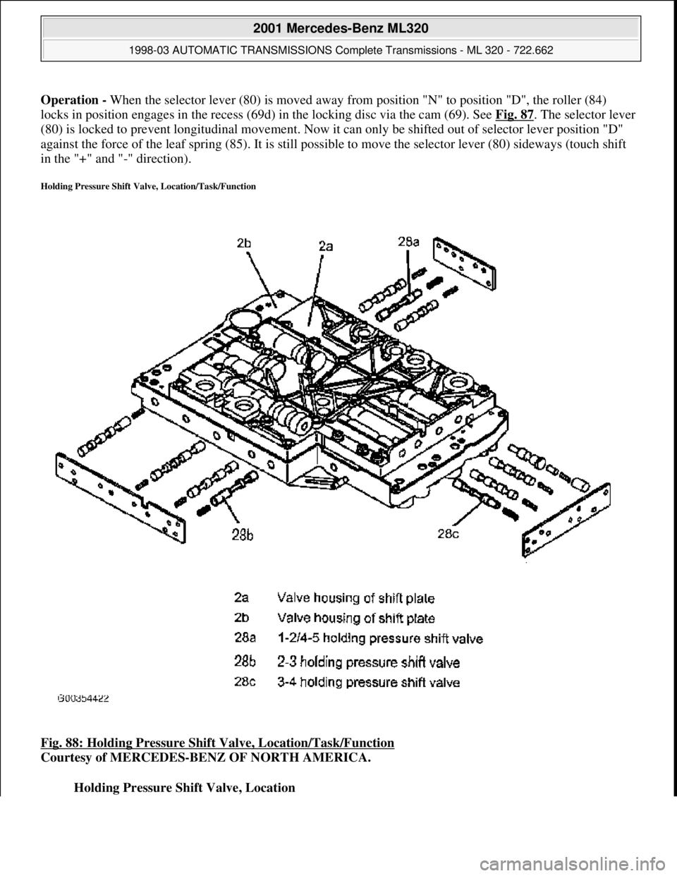 MERCEDES-BENZ ML430 1997  Complete Repair Manual Operation -  When the selector lever (80) is moved away fr om position "N" to position "D", the roller (84)  
locks in position engages in   the recess (69d) in the locking disc via the cam (69). See 