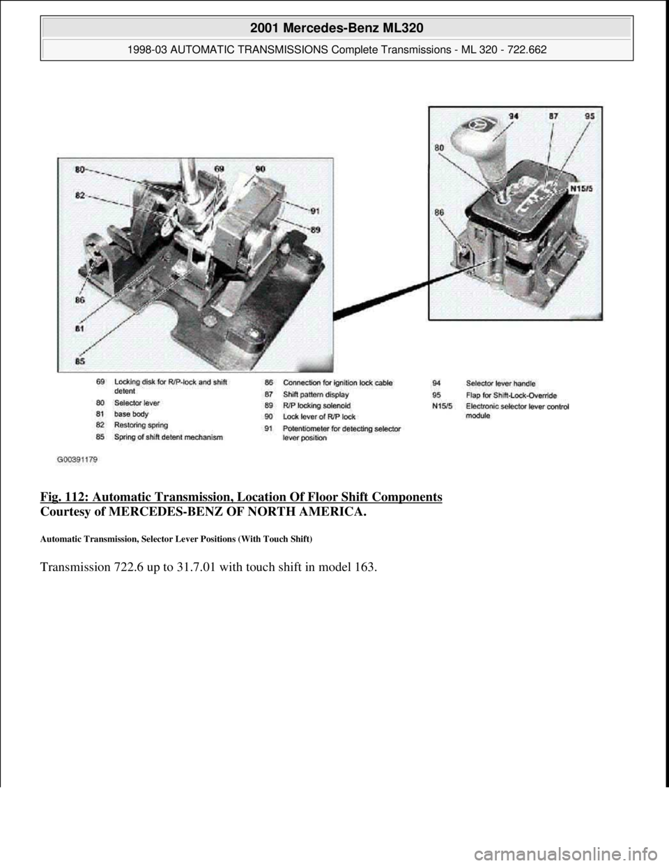MERCEDES-BENZ ML430 1997  Complete Repair Manual Fig. 112: Automatic Transmission, Location Of Floor Shift Components 
Courtesy of MERCEDES-BENZ OF NORTH AMERICA. 
Automatic Transmission, Selector Lever Positions (With Touch Shift) 
Transmission 722