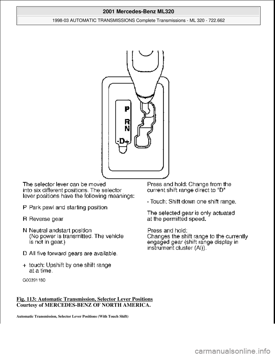 MERCEDES-BENZ ML430 1997  Complete Repair Manual Fig. 113: Automatic Transmission, Selector Lever Positions  
Courtesy of MERCEDES-BENZ OF NORTH AMERICA.   
Automatic Transmission, Selector Lever Positions (With Touch Shift) 
 
2001 Mercedes-Benz ML