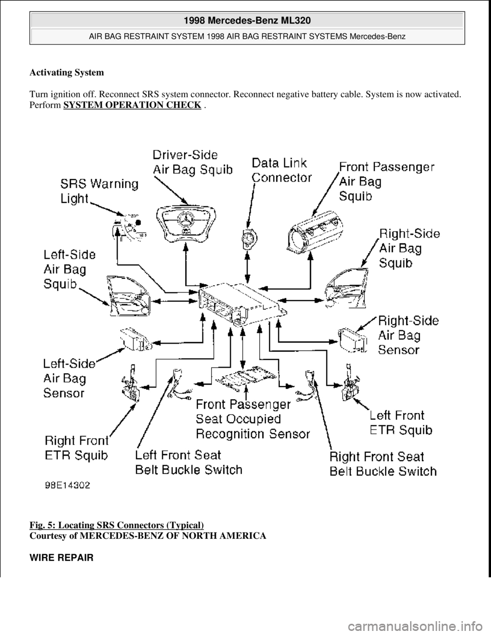 MERCEDES-BENZ ML430 1997 Complete User Guide Activating System
Turn ignition off. Reconnect SRS syst em connector. Reconnect negative batt ery cable. System is now activated.
Perform SYSTEM OPERATION CHECK
.
Fig. 5: Locating SRS Conn MERCEDES-BENZ ML430 1997 Complete User Guide Activating System
Turn ignition off. Reconnect SRS syst em connector. Reconnect negative batt ery cable. System is now activated.
Perform SYSTEM OPERATION CHECK
.
Fig. 5: Locating SRS Conn