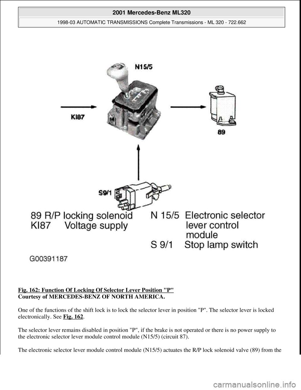 MERCEDES-BENZ ML430 1997  Complete Repair Manual Fig. 162: Function Of Locking Of Selector Lever Position "P" 
Courtesy of MERCEDES-BENZ OF NORTH AMERICA. 
One of the functions of the shift lock is to lock the selector lever in position "P". The sel