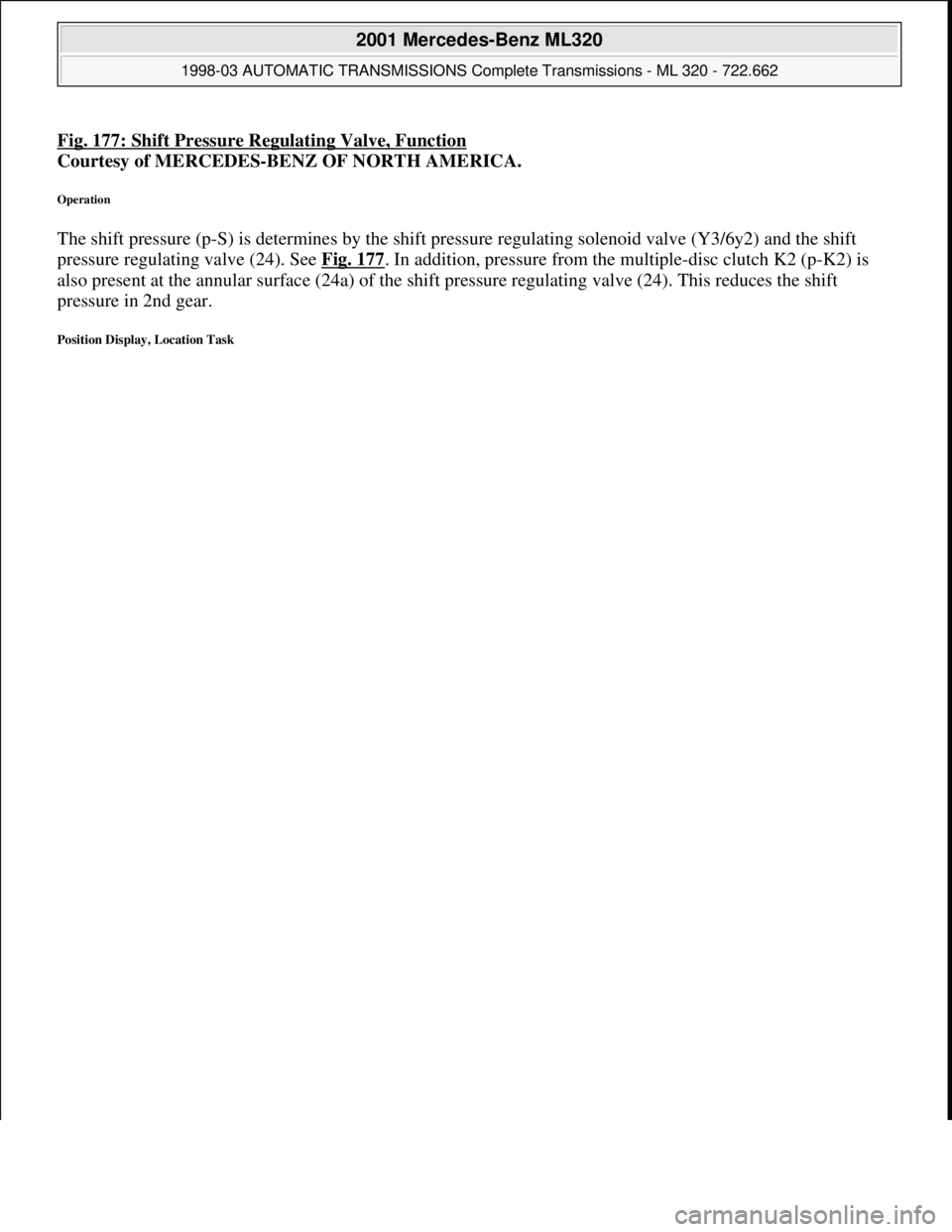 MERCEDES-BENZ ML430 1997  Complete Repair Manual Fig. 177: Shift Pressure Regulating Valve, Function
Courtesy of MERCEDES-BENZ OF NORTH AMERICA. 
Operation 
The shift pressure (p-S) is determines by the shift pressure regulating solenoid valve (Y3/6