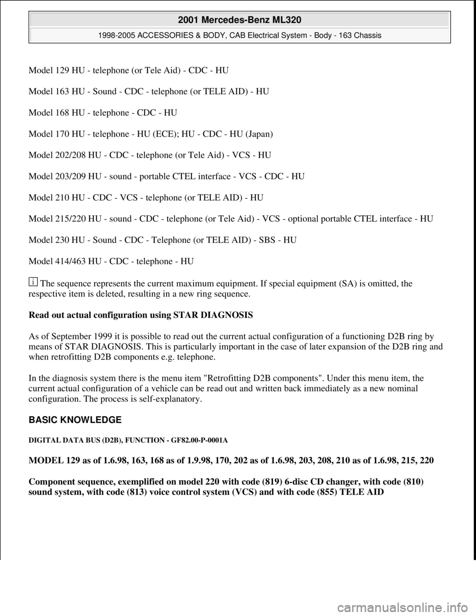 MERCEDES-BENZ ML430 1997  Complete Repair Manual Model 129 HU - telephone (or Tele Aid) - CDC - HU
Model 163 HU - Sound - CDC - telephone (or TELE AID) - HU 
Model 168 HU - telephone - CDC - HU 
Model 170 HU - telephone - HU (ECE); HU - CDC - HU (Ja