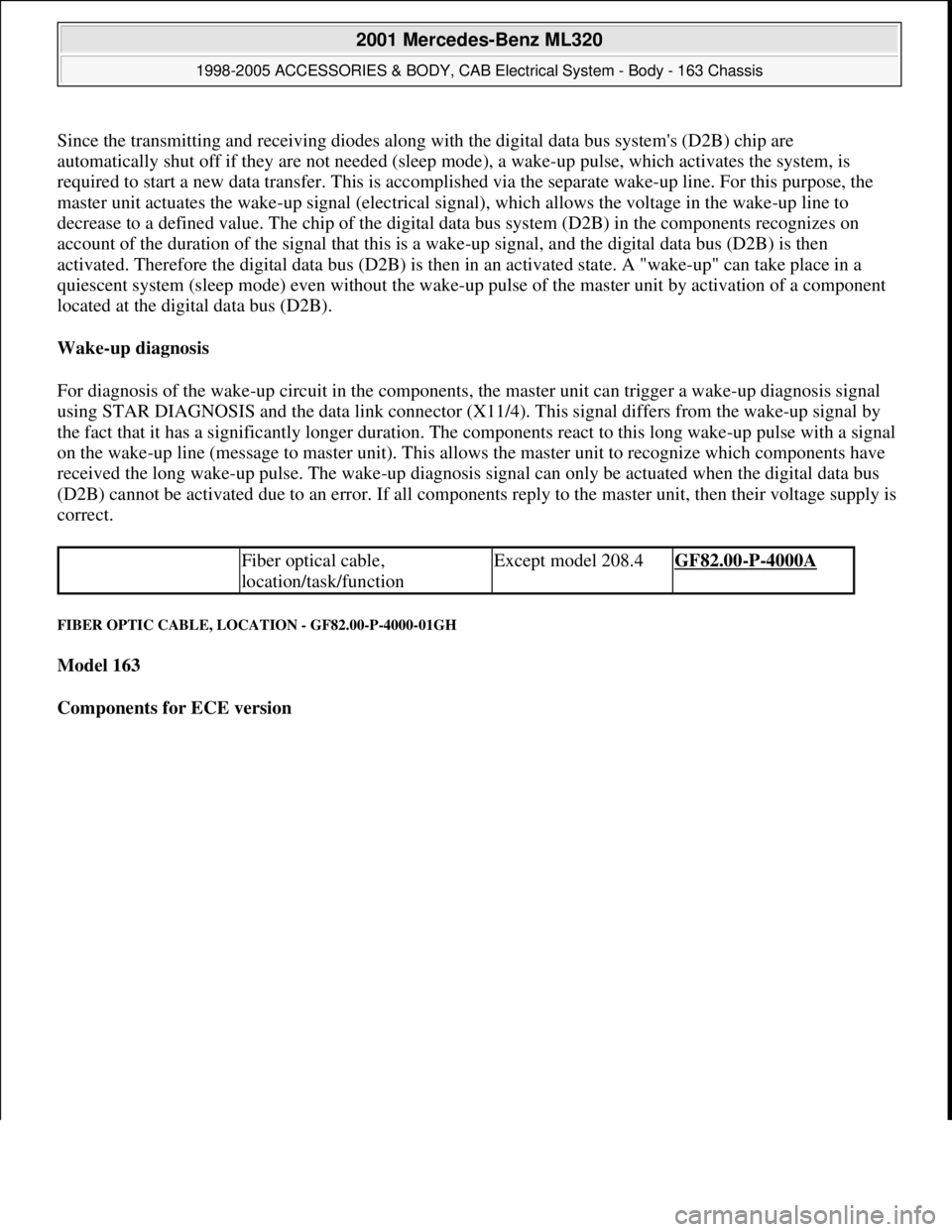 MERCEDES-BENZ ML430 1997  Complete Repair Manual Since the transmitting and receiving diodes along with the digital data bus systems (D2B) chip are 
automatically shut off if they are not needed (sleep mode), a wake-up pulse, which activates the sy