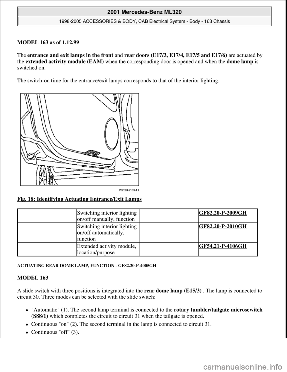 MERCEDES-BENZ ML430 1997  Complete Repair Manual MODEL 163 as of 1.12.99  
The entrance and exit lamps in the front and rear doors (E17/3, E17/4, E17/5 and E17/6) are actuated by 
the extended activity module (EAM) when the corresponding door is ope