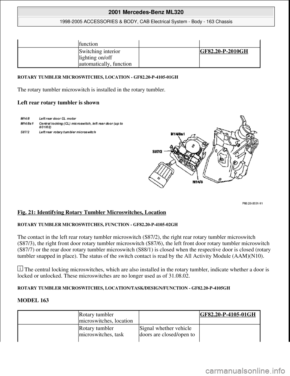 MERCEDES-BENZ ML430 1997  Complete Repair Manual ROTARY TUMBLER MICROSWITCHES, LOCATION - GF82.20-P-4105-01GH 
The rotary tumbler microswitch is installed in the rotary tumbler. 
Left rear rotary tumbler is shown  
Fig. 21: Identifying Rotary Tumble