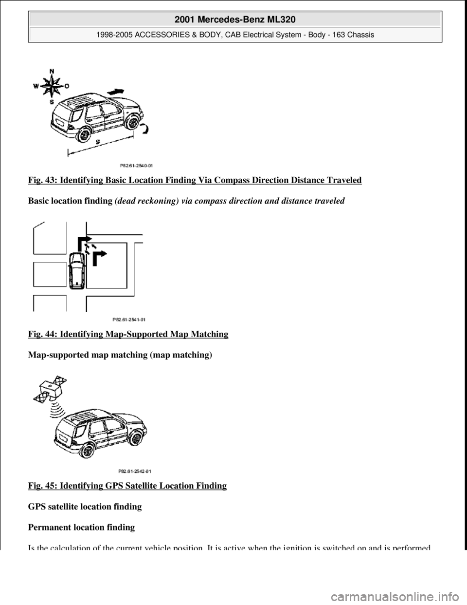 MERCEDES-BENZ ML430 1997  Complete Repair Manual Fig. 43: Identifying Basic Location Finding  Via Compass Direction Distance Traveled  
Basic location finding   (dead reckoning) via compass  direction and distance traveled    
Fig. 44: Identifying M