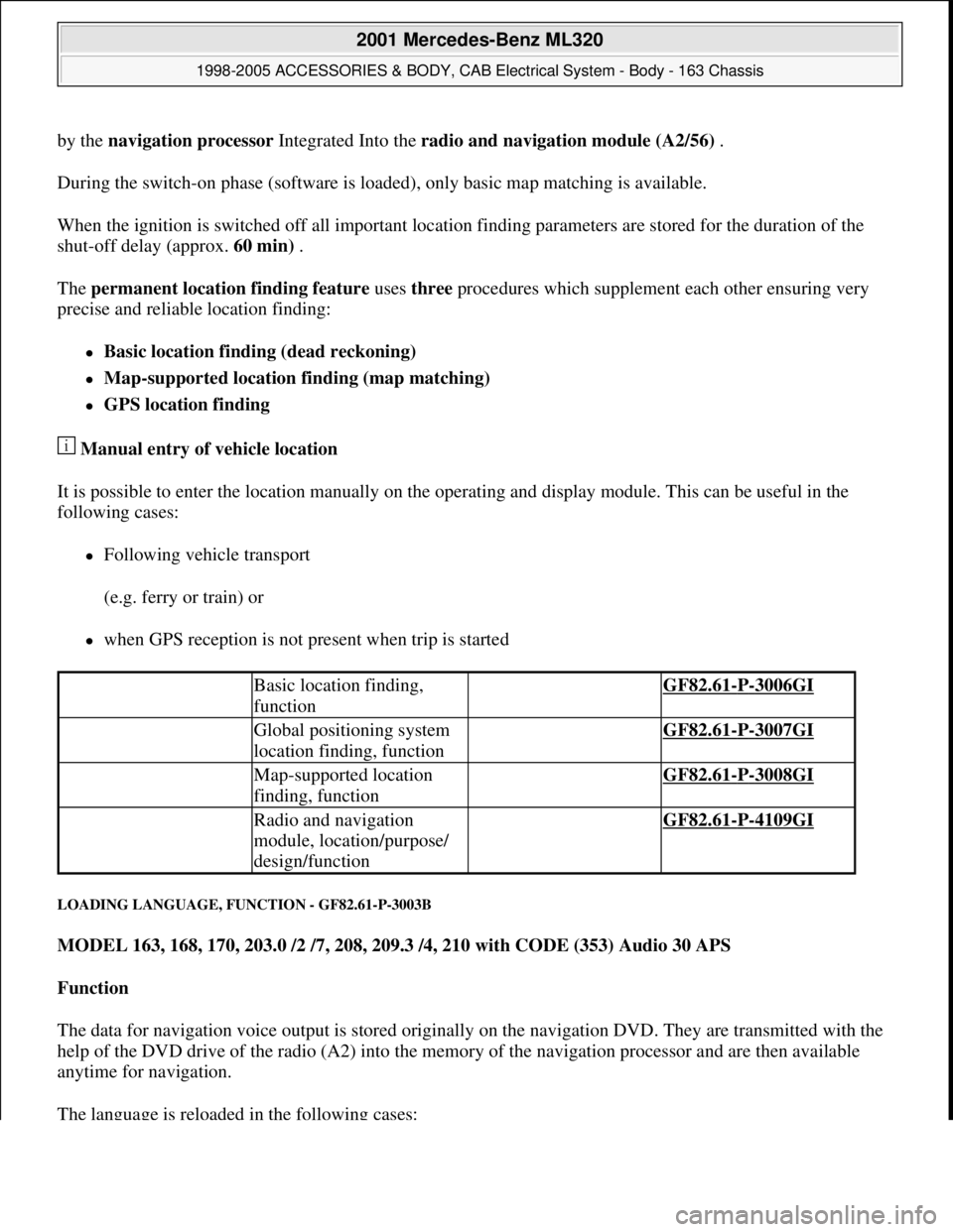 MERCEDES-BENZ ML430 1997  Complete Repair Manual by the navigation processor Integrated Into the radio and navigation module (A2/56) . 
During the switch-on phase (software is loaded), only basic map matching is available. 
When the ignition is swit