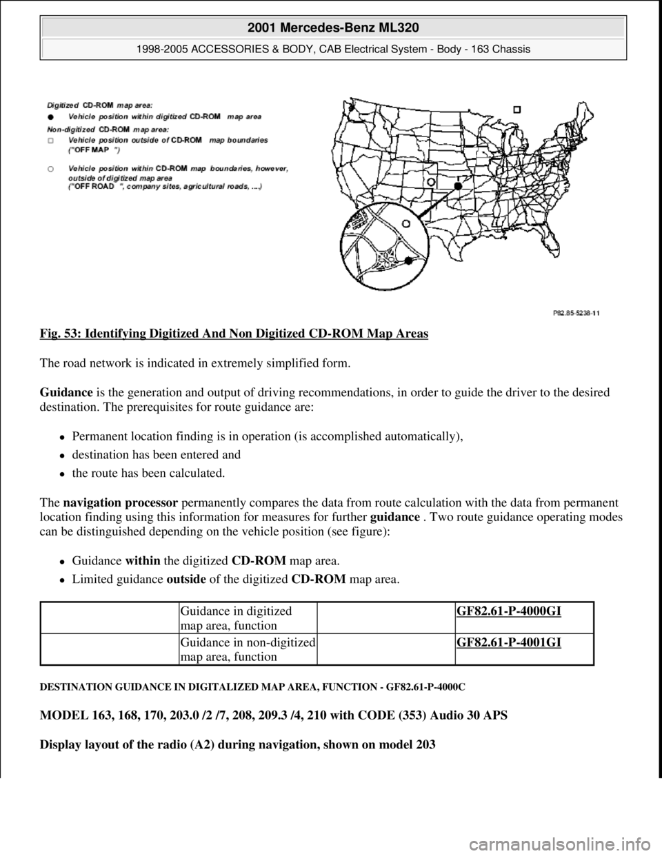 MERCEDES-BENZ ML430 1997  Complete Repair Manual Fig. 53: Identifying Digitized And Non Digitized CD-ROM Map Areas 
The road network is indicated in extremely simplified form. 
Guidance is the generation and output of driving recommendations, in ord