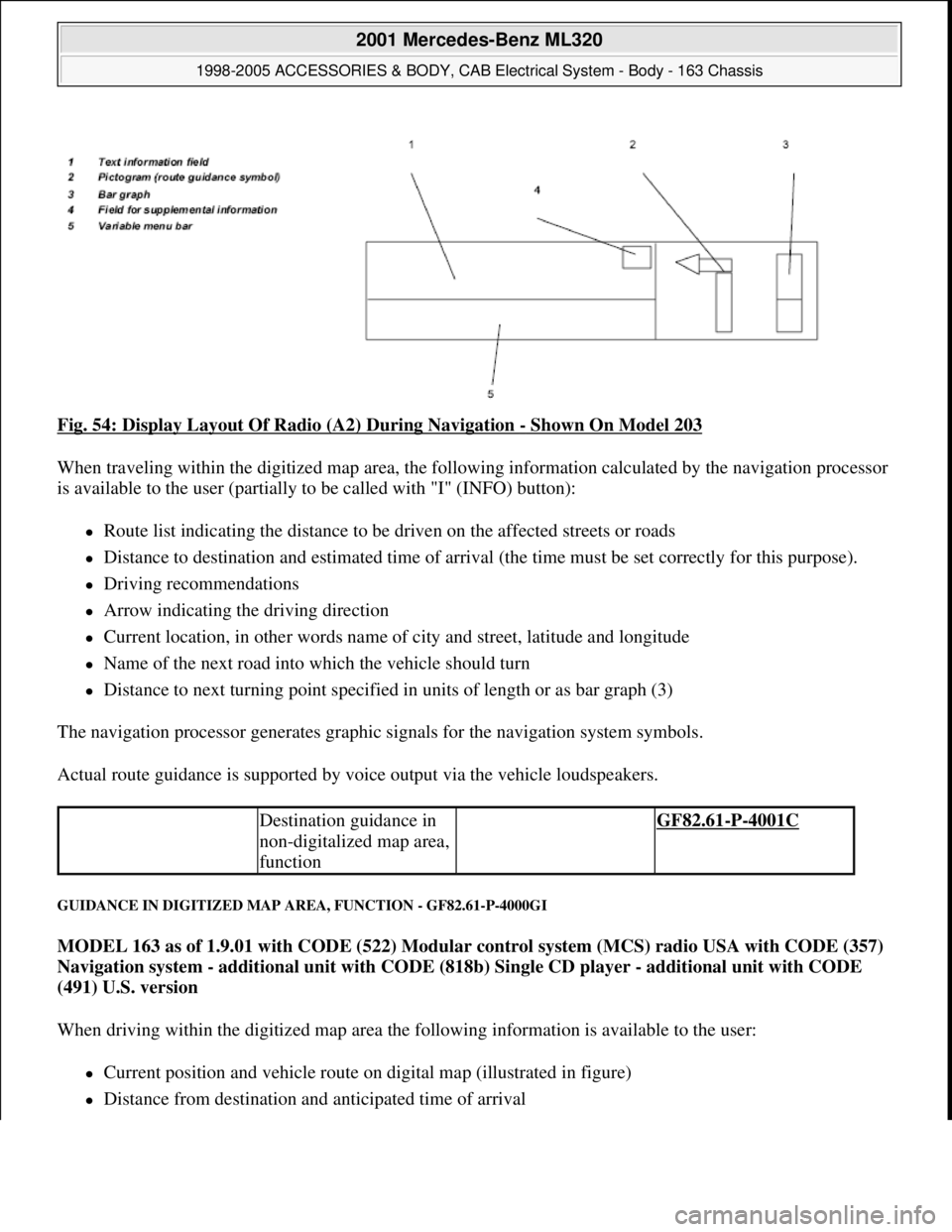 MERCEDES-BENZ ML430 1997  Complete Repair Manual Fig. 54: Display Layout Of Radio (A2) During Navigation - Shown On Model 203 
When traveling within the digitized map area, the following information calculated by the navigation processor 
is availab