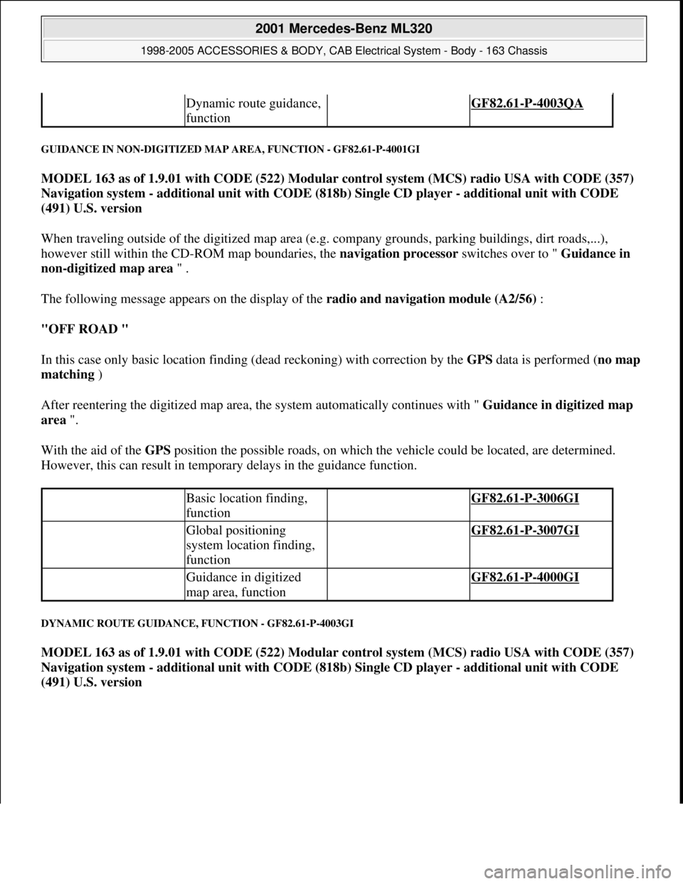 MERCEDES-BENZ ML430 1997  Complete Repair Manual GUIDANCE IN NON-DIGITIZED MAP AREA, FUNCTION - GF82.61-P-4001GI 
MODEL 163 as of 1.9.01 with CODE (522) Modular control system (MCS) radio USA with CODE (357) 
Navigation system - additional unit with
