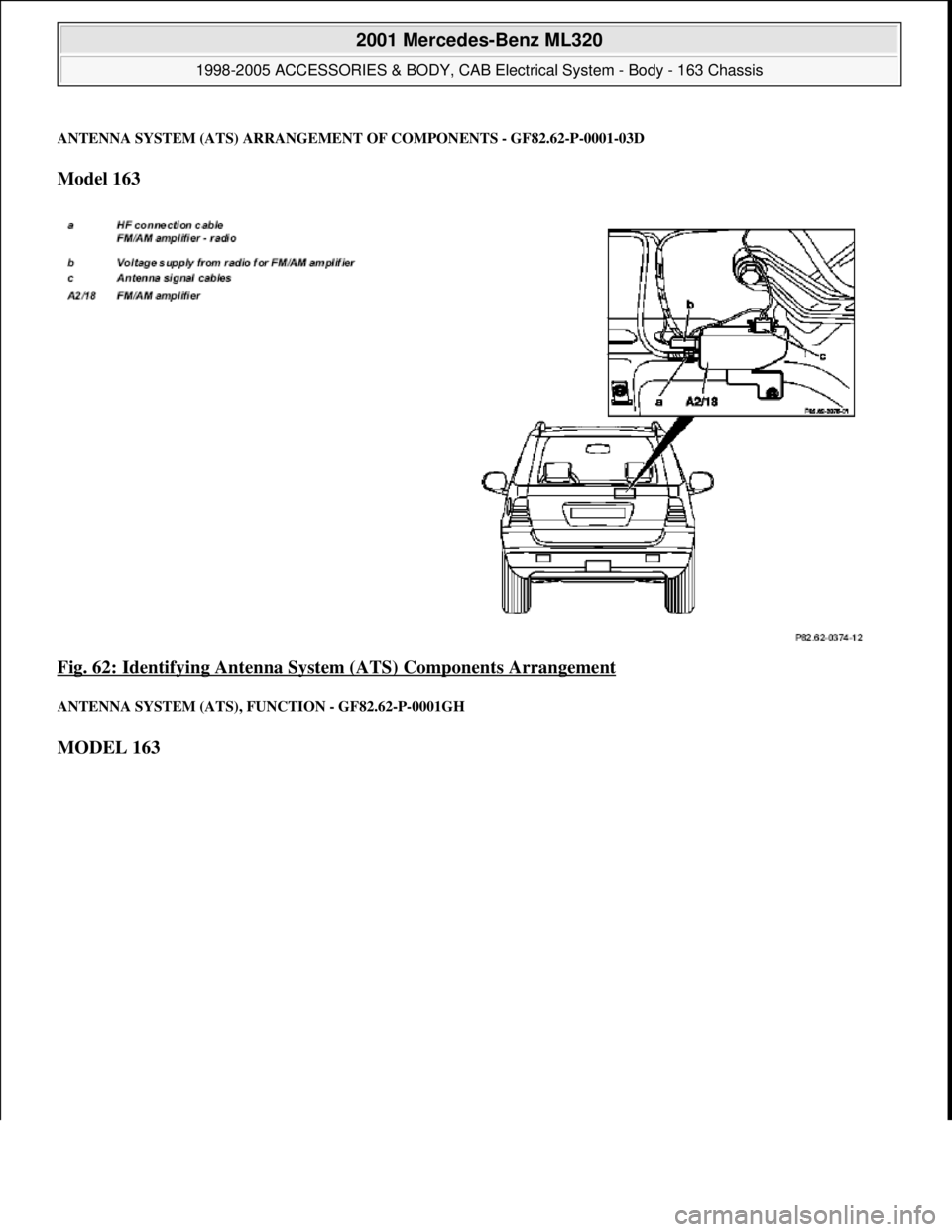 MERCEDES-BENZ ML430 1997  Complete Repair Manual ANTENNA SYSTEM (ATS) ARRANGEMENT OF COMPONENTS - GF82.62-P-0001-03D
Model 163  
Fig. 62: Identifying Antenna System (ATS) Components Arrangement
 
ANTENNA SYSTEM (ATS), FUNCTION - GF82.62-P-0001GH 
MO