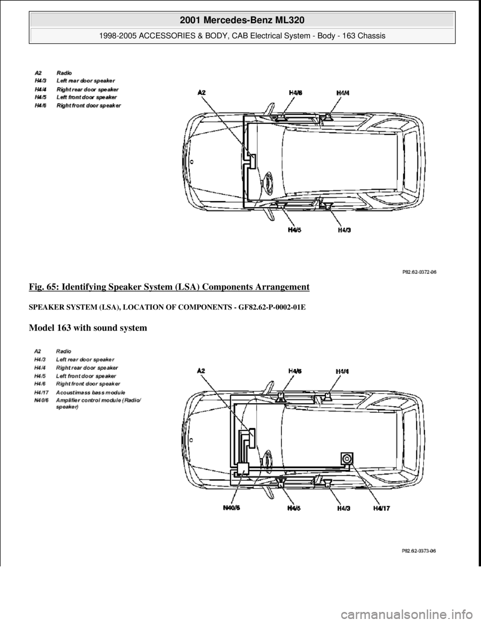 MERCEDES-BENZ ML430 1997  Complete Repair Manual Fig. 65: Identifying Speaker System  (LSA) Components Arrangement 
SPEAKER SYSTEM (LSA), LOCATION  OF COMPONENTS - GF82.62-P-0002-01E 
Model 163 with sound system  
 
2001 Mercedes-Benz ML320 
1998-20