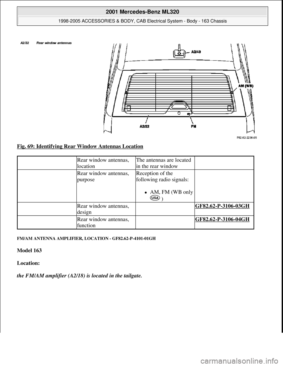 MERCEDES-BENZ ML430 1997  Complete Repair Manual Fig. 69: Identifying Rear Window Antennas Location 
FM/AM ANTENNA AMPLIFIER, LOCATION - GF82.62-P-4101-01GH 
Model 163  
Location:  
the FM/AM amplifier (A2/18) is located in the tailgate.
 Rear windo